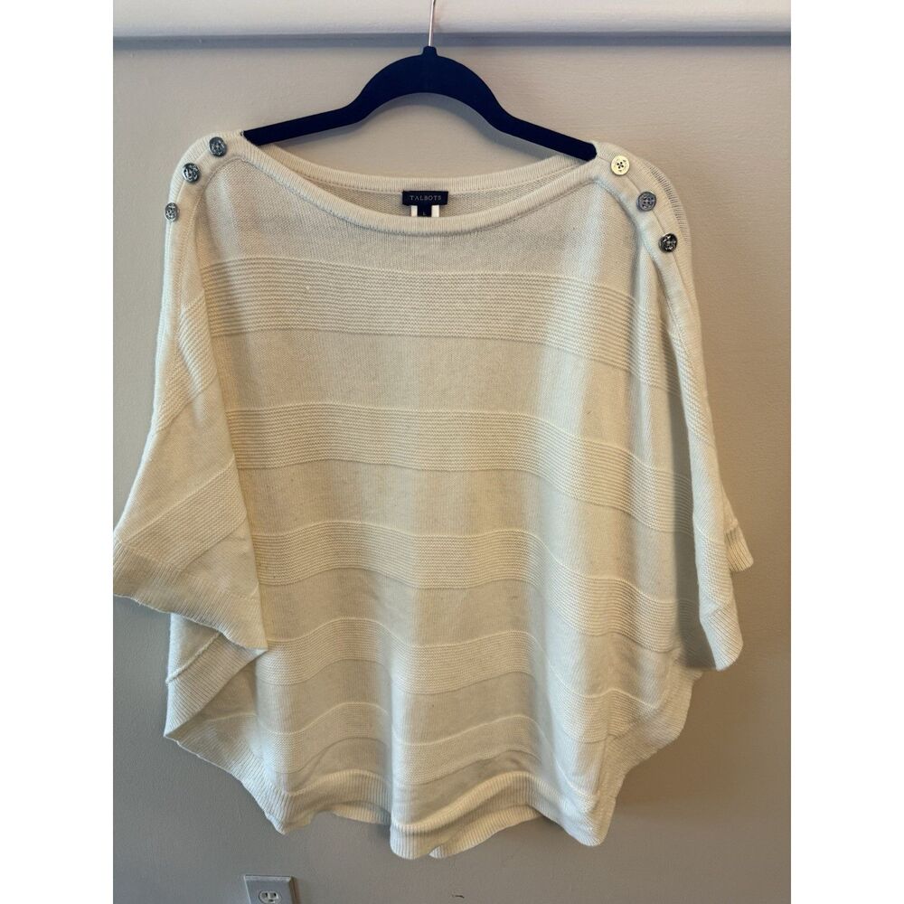 Talbots | Ivory Cape Poncho Sweater | Button Shoulder Detail | Large